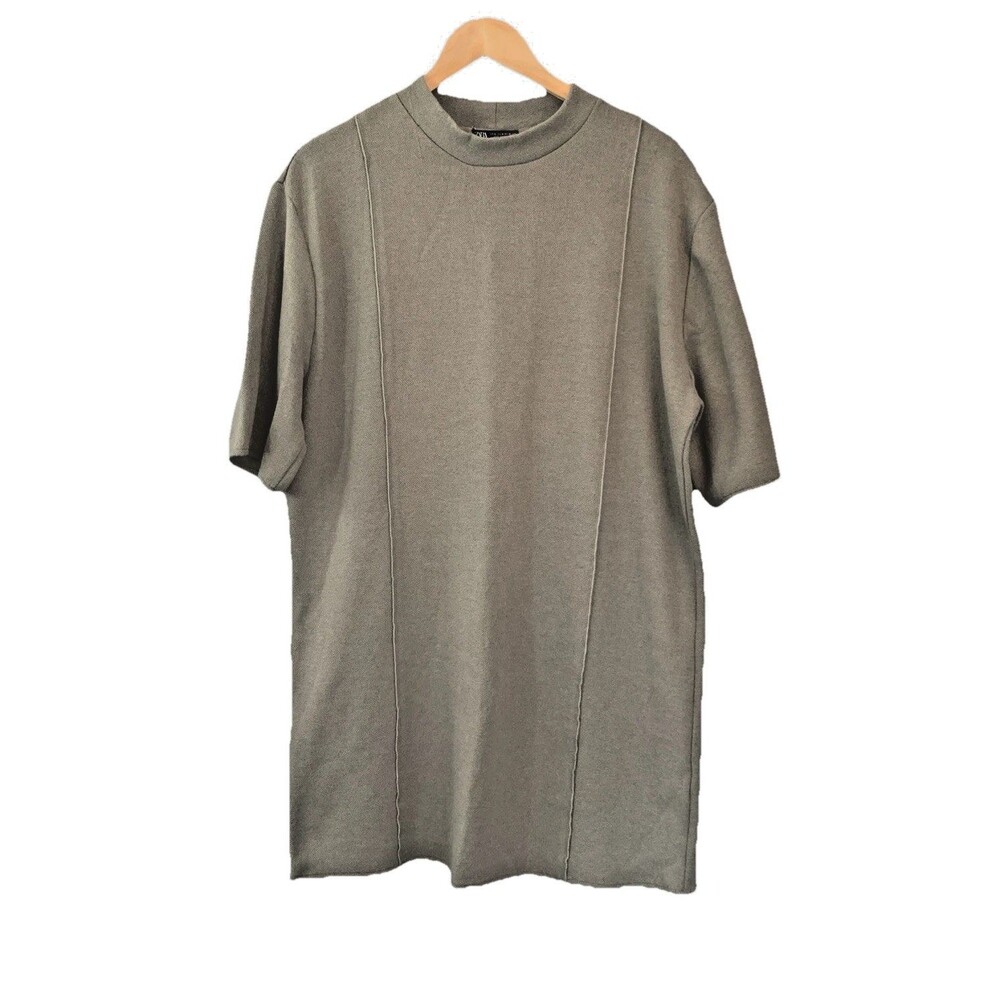 ZARA Olive Green Mock Neck Shift Dress XL Reverse Seam Cozy Lagenlook Minimalist